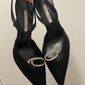 Oscar de la Renta Black Pointed Toe Slingback Heels with Crystal Oval Accent